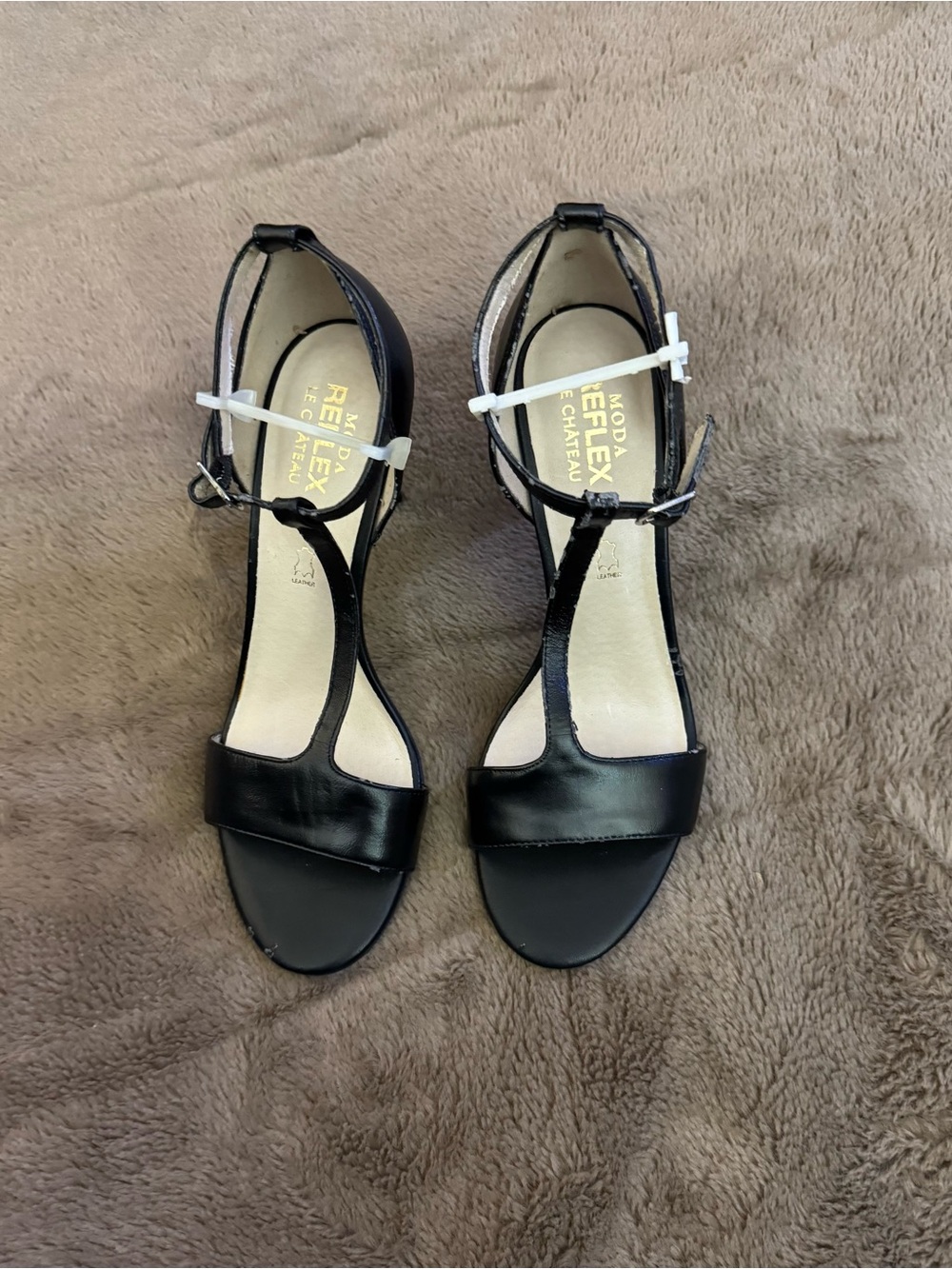 le chateau leather Black T-Strap Open-Toe Heels with Ankle Strap